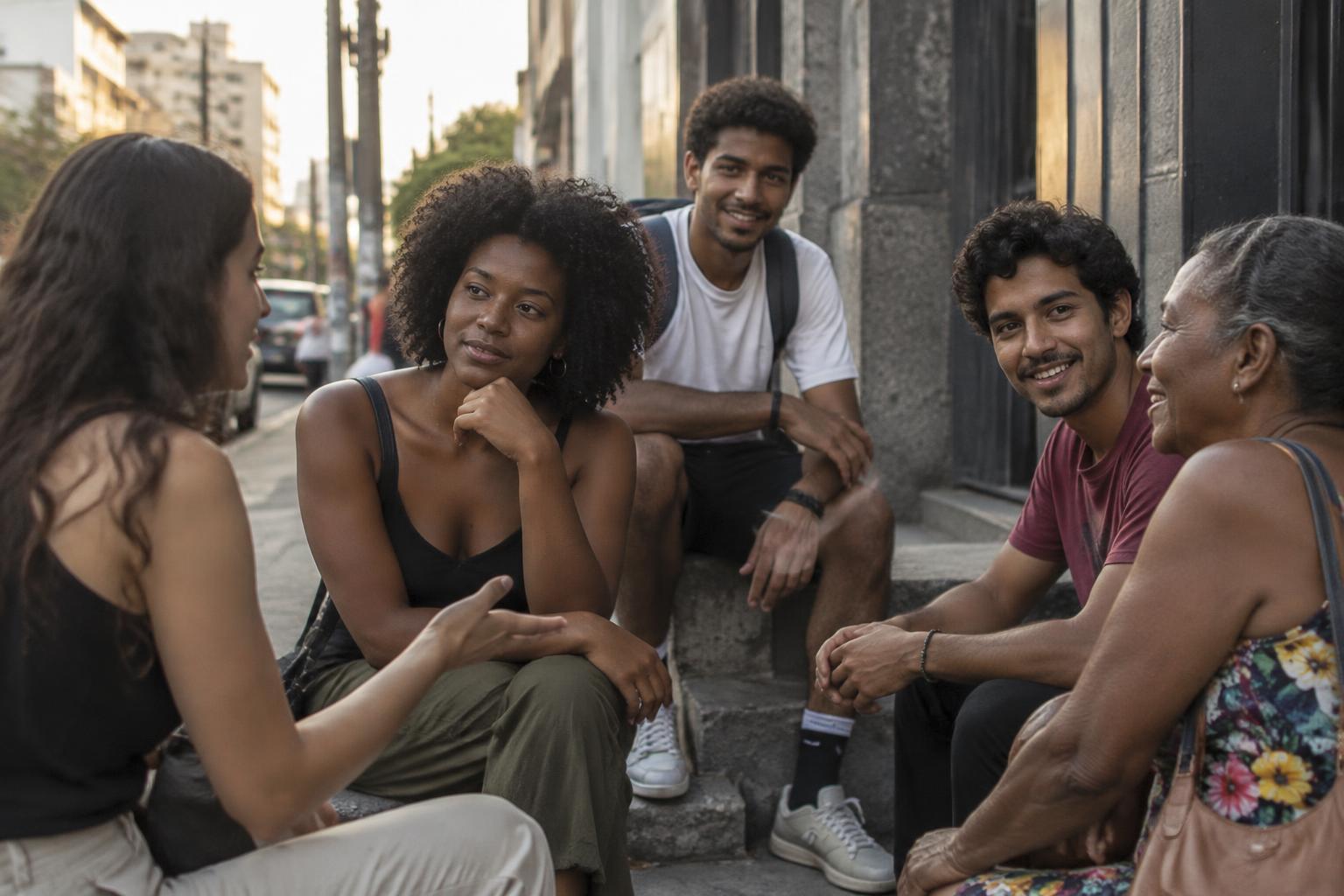 Pessoas de diferentes gerações em conversa na cidade — imagem ilustrativa